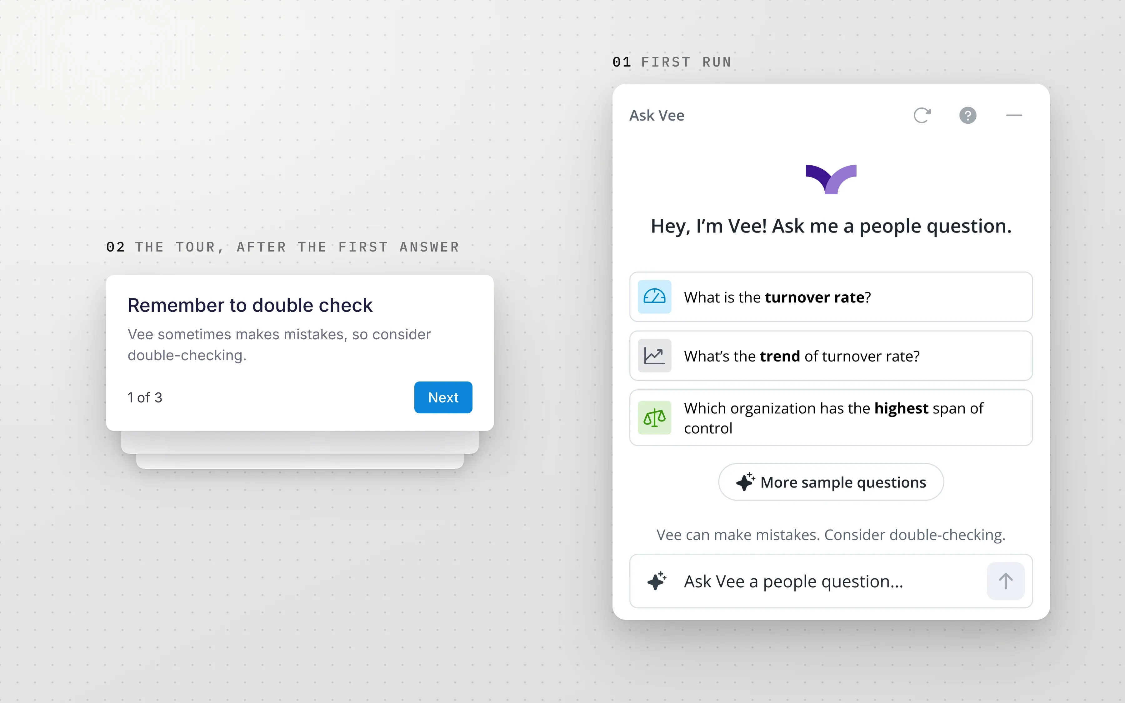 Vee's first-run panel with starter questions, beside the Remember to double check tooltip.