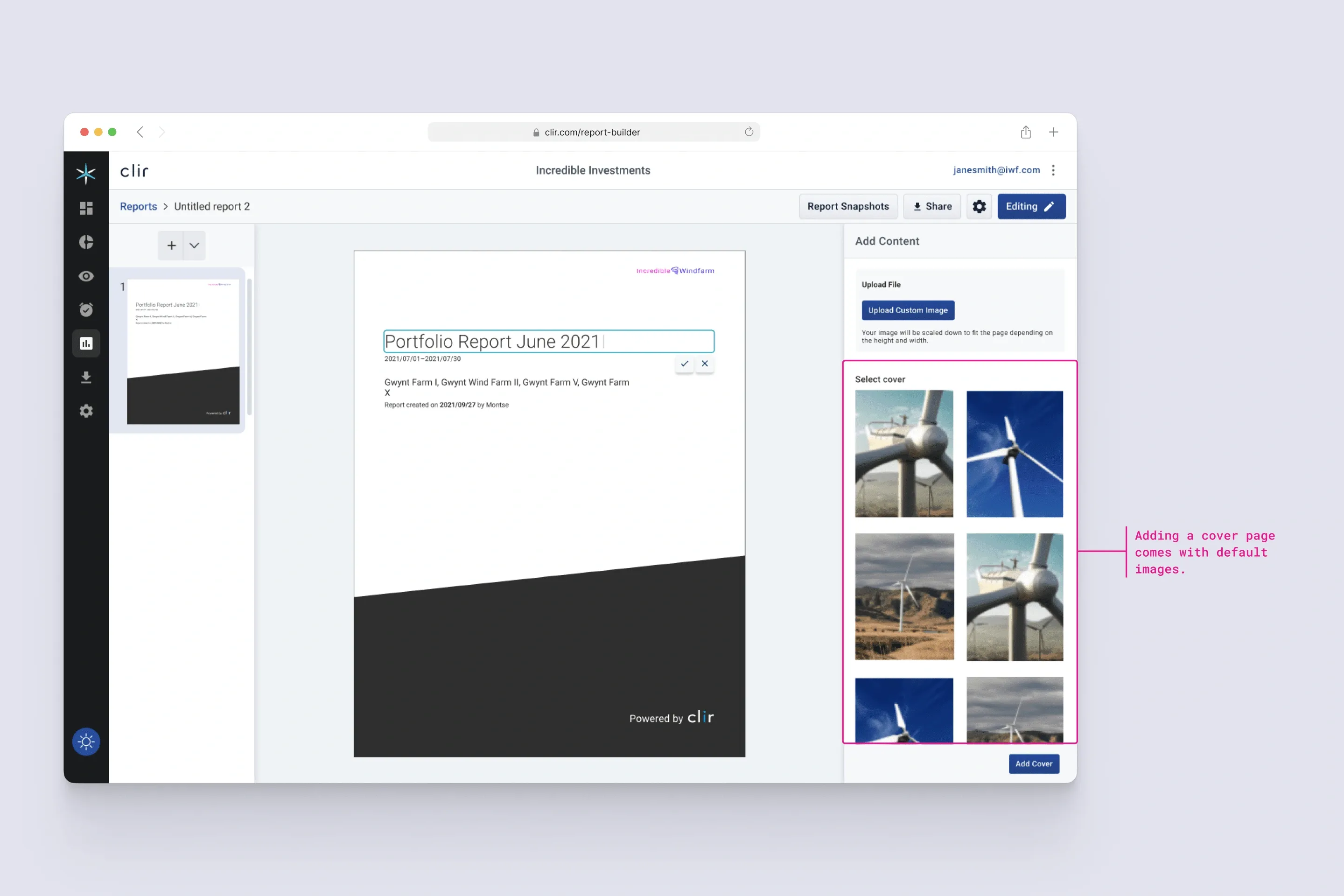 The cover page editor with a side panel of stock wind turbine cover images, annotated to note that adding a cover comes with default imagery.