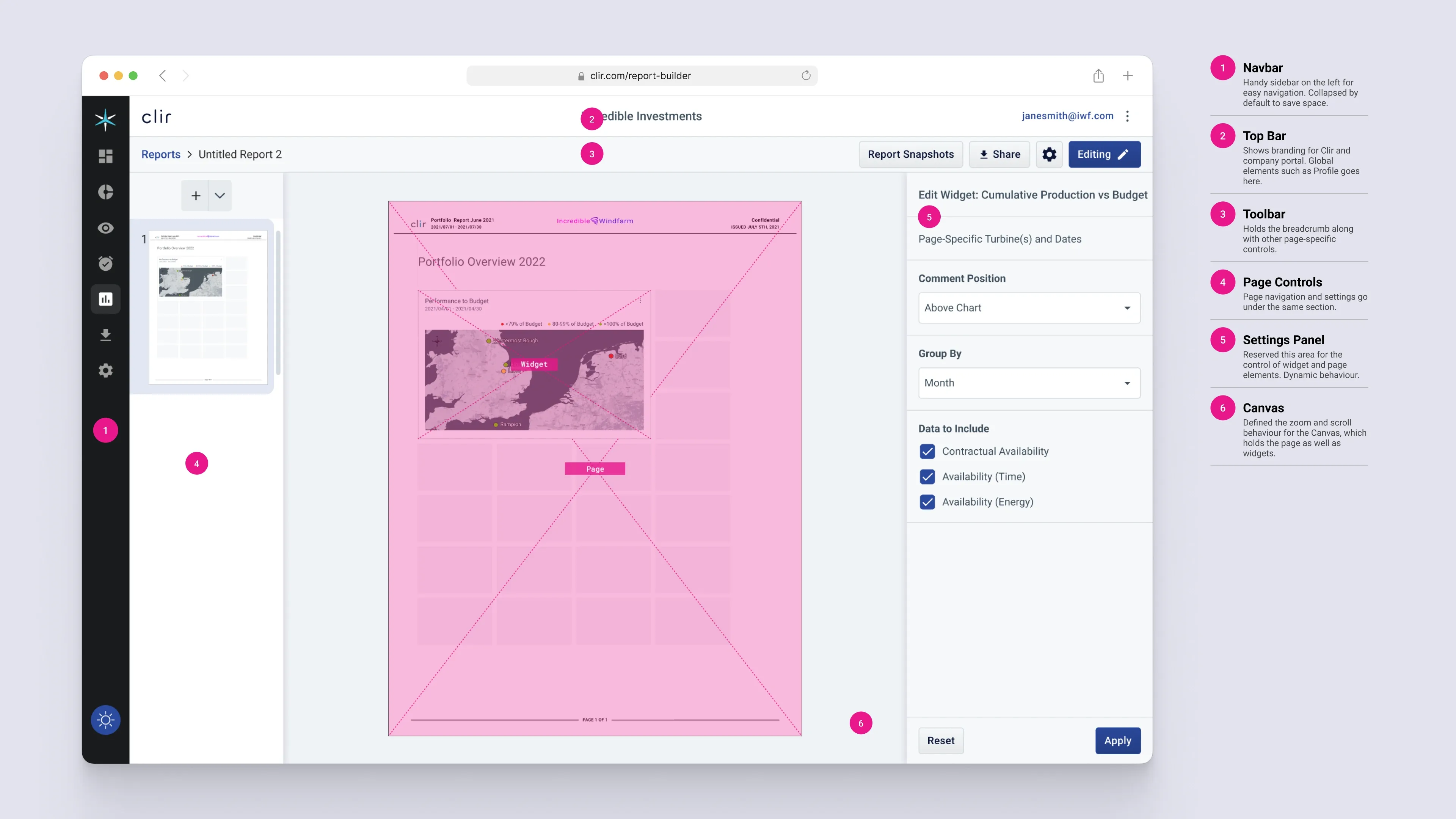 The redesigned Report Builder with six regions numbered and captioned: navbar, top bar, toolbar, page controls, settings panel, and canvas.