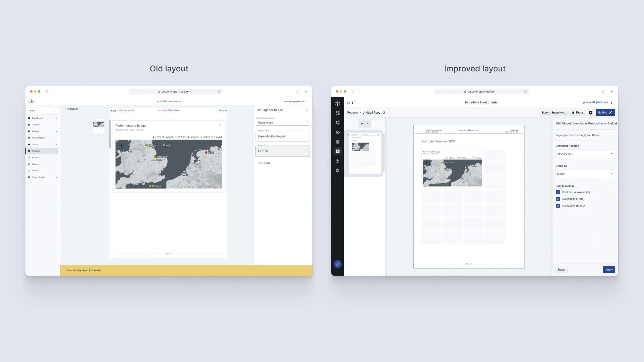 The old Report Builder layout beside the improved one, where a collapsed navbar, a grouped toolbar and a settings panel replace the crowded text sidebar.