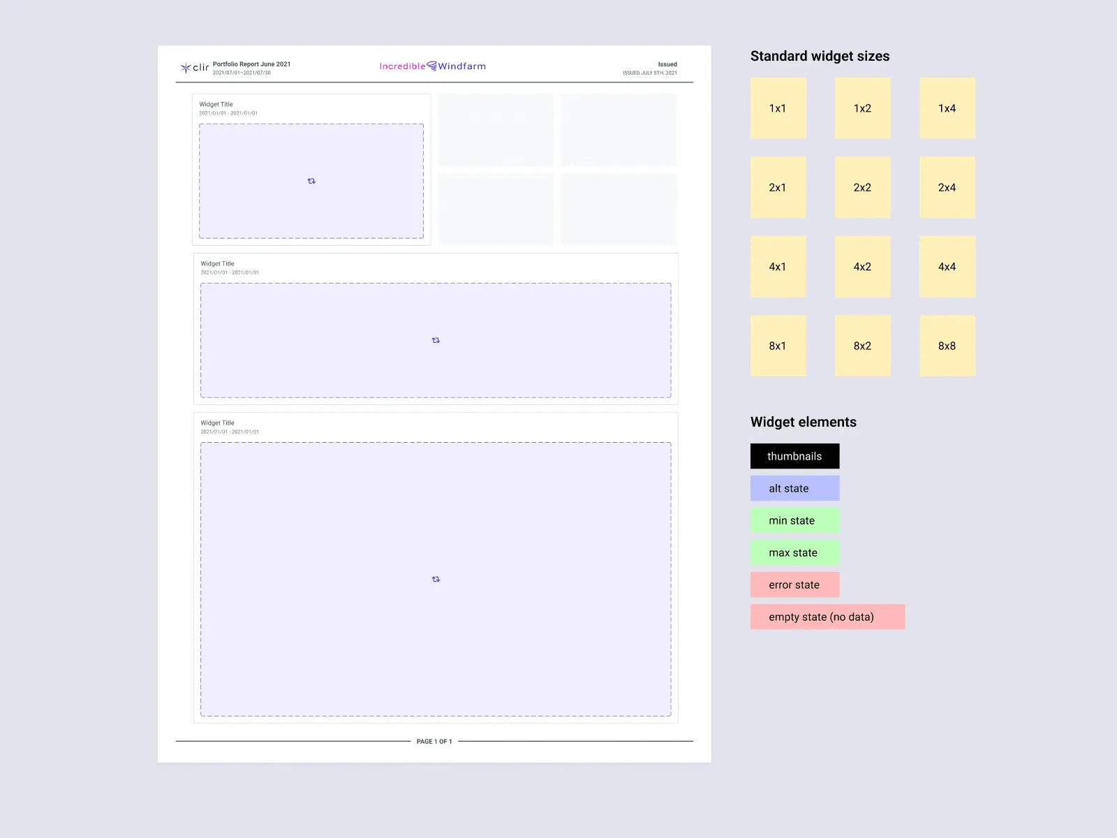 A report page showing widgets expanding across the grid, next to a key of standard widget sizes from 1x1 to 8x8 and a legend of widget states.