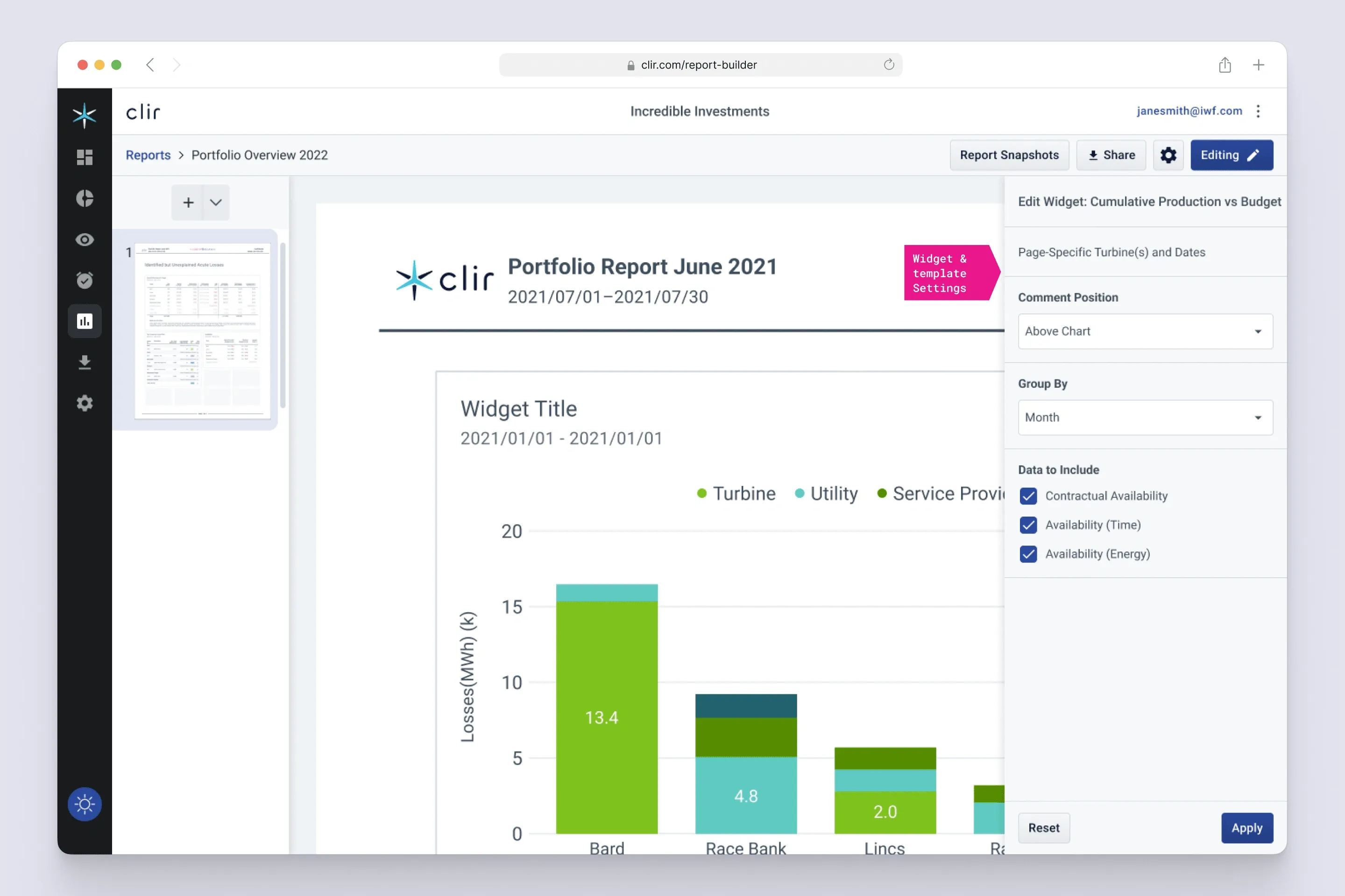 The Edit Widget panel beside a report page, with controls for comment position, grouping interval, and which availability measures the chart includes.
